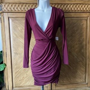 Windsor Burgundy Ruched V-neck Sheer Back Dress
